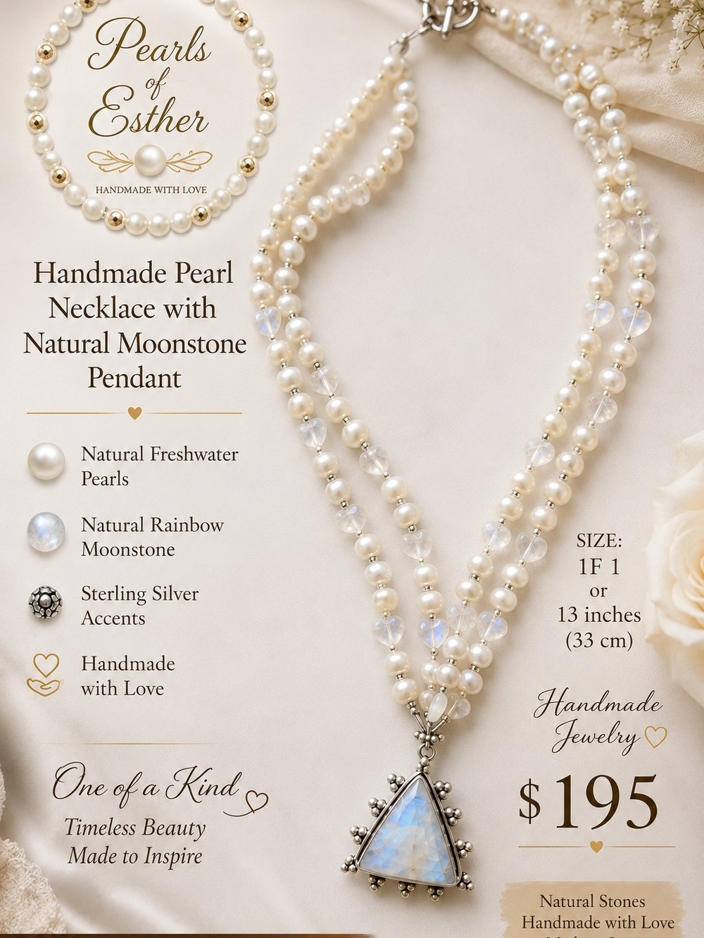 Cream Freshwater Pearl Necklace with Moonstone Pendant